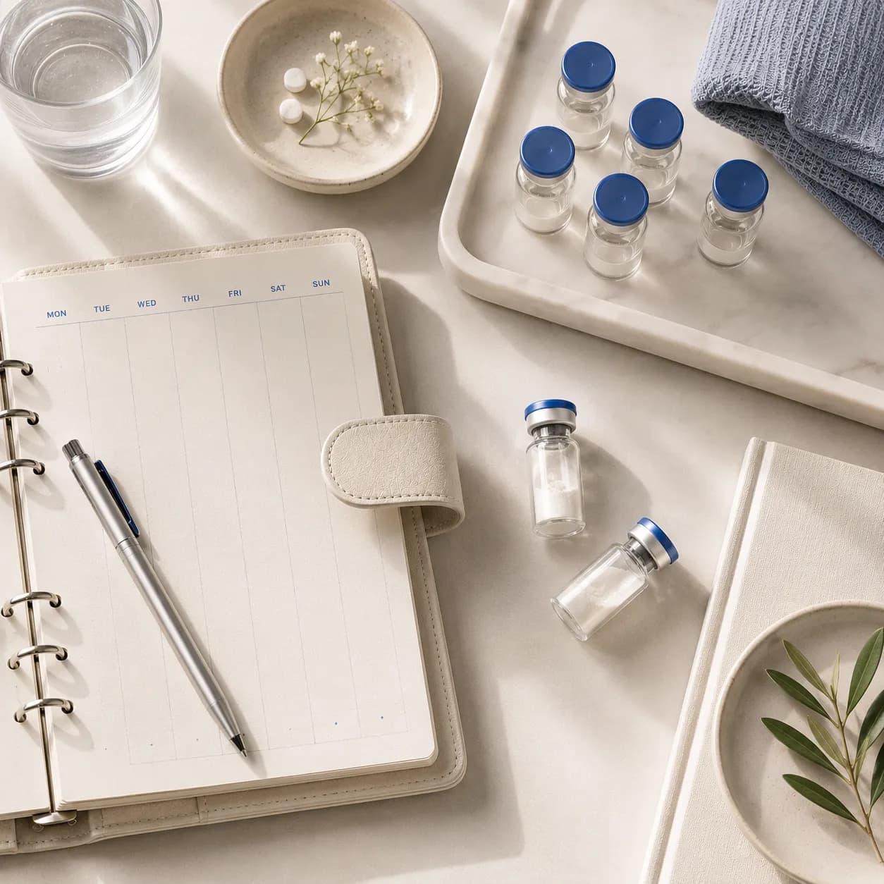 A calm flat-lay of a peptide plan laid out in one place — notebook, schedule, and supplies