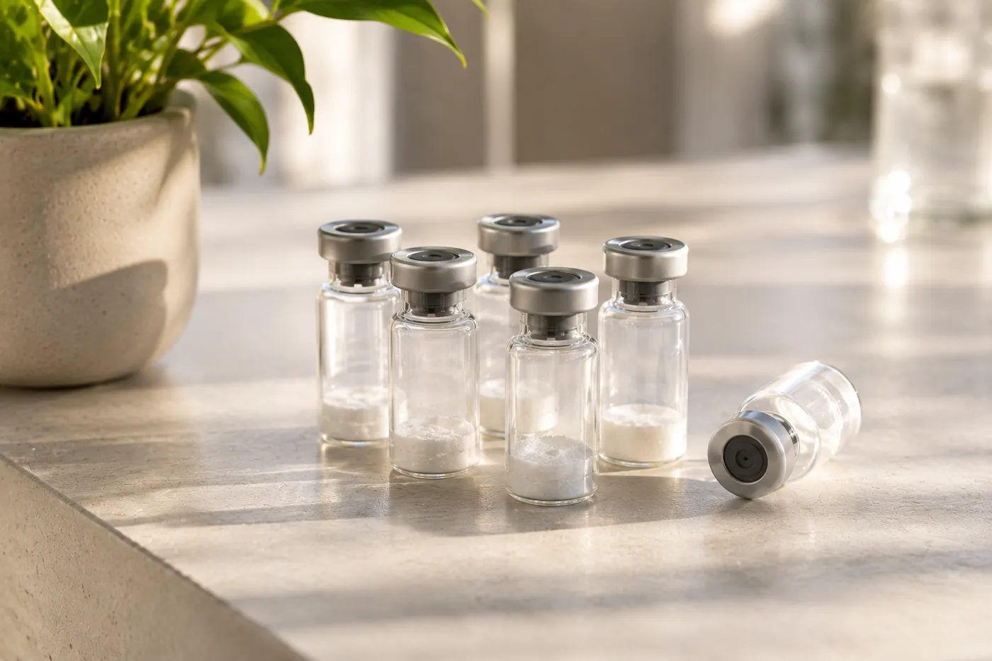 A set of labeled peptide vials, photographed cleanly against a calm light backdrop