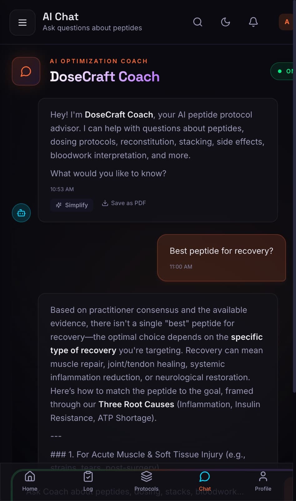 DoseCraft Coach on mobile — same Coach answer streaming, optimized for phone, with bottom-tab nav