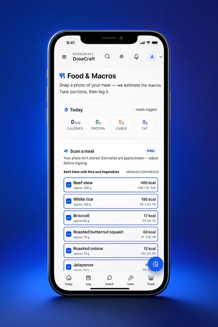 DoseCraft Food & Macros scanner showing an itemized meal with calories and macros per item